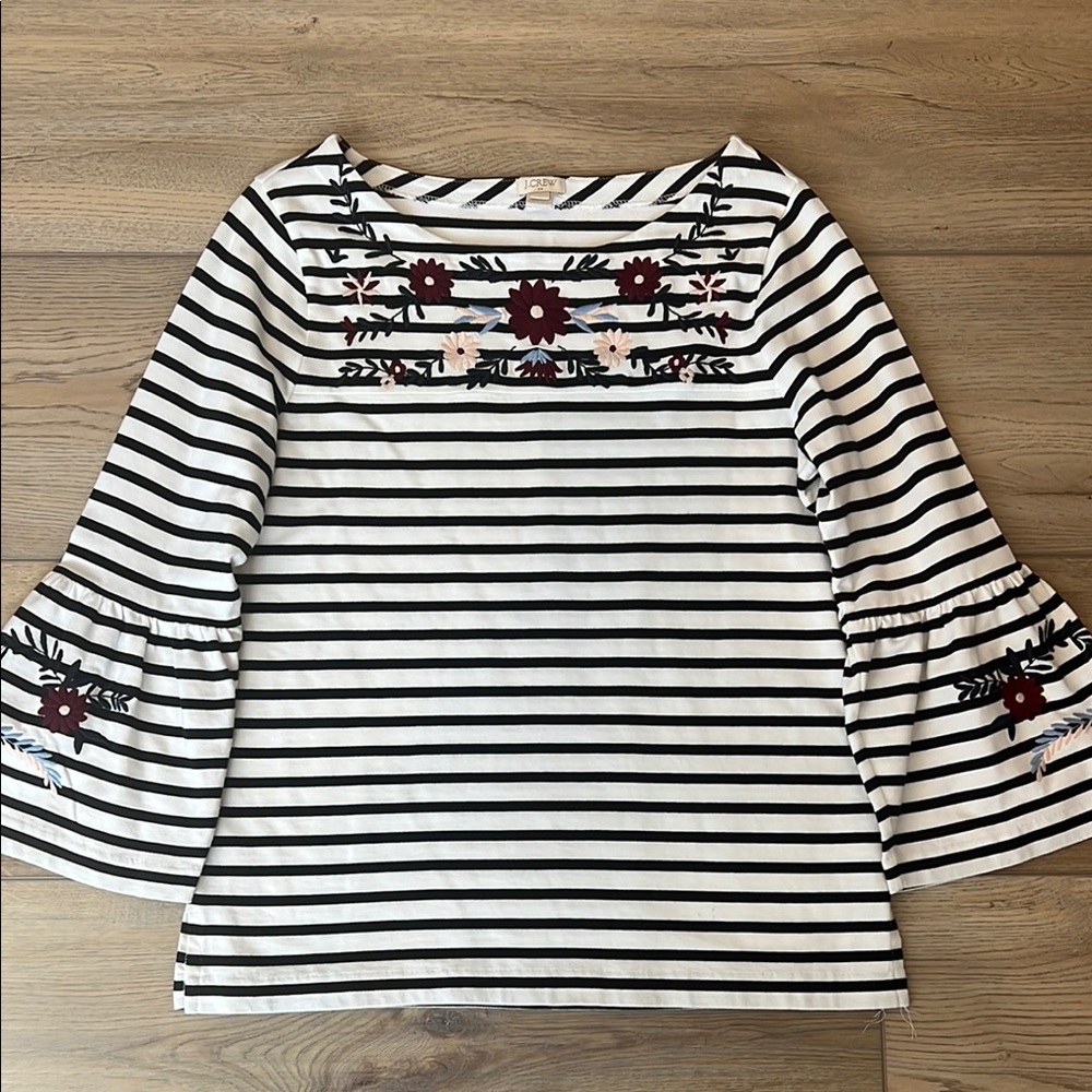 J. Crew Navy/White Striped Embroidered Tee